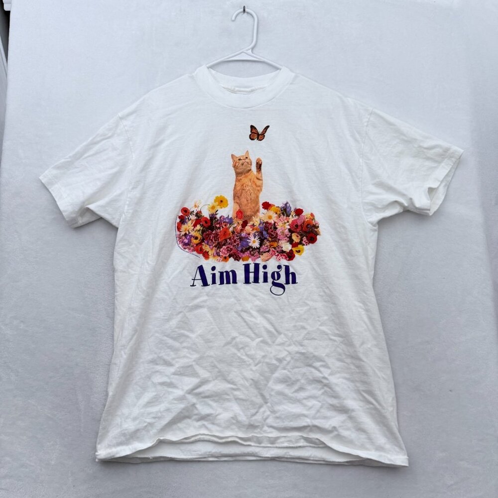 Vintage Cat T Shirt Men XL White David Belda Aim High Art Single Stitched USA